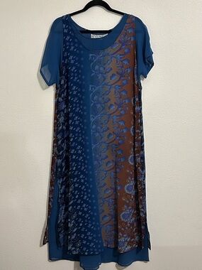 VTG KLOZ LYNE Blue & Brown Floral 2 Layered Dress. Size L